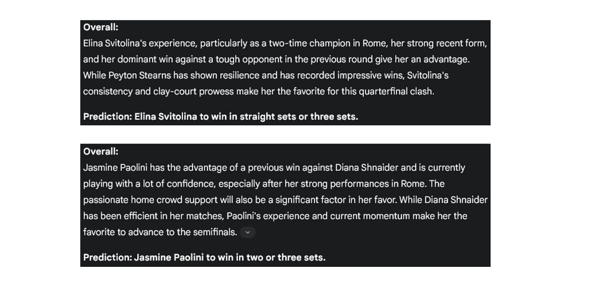 Gemini AI prediction for Italian Open 2025 women's singles quarterfinals.